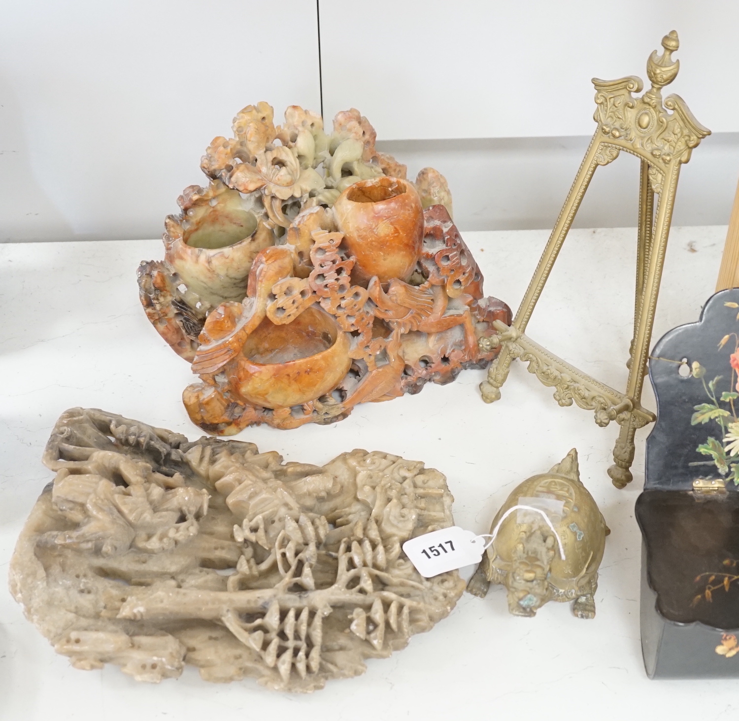 Three Chinese soapstone carvings and a bronze model of a Lónggui, 16cm wide